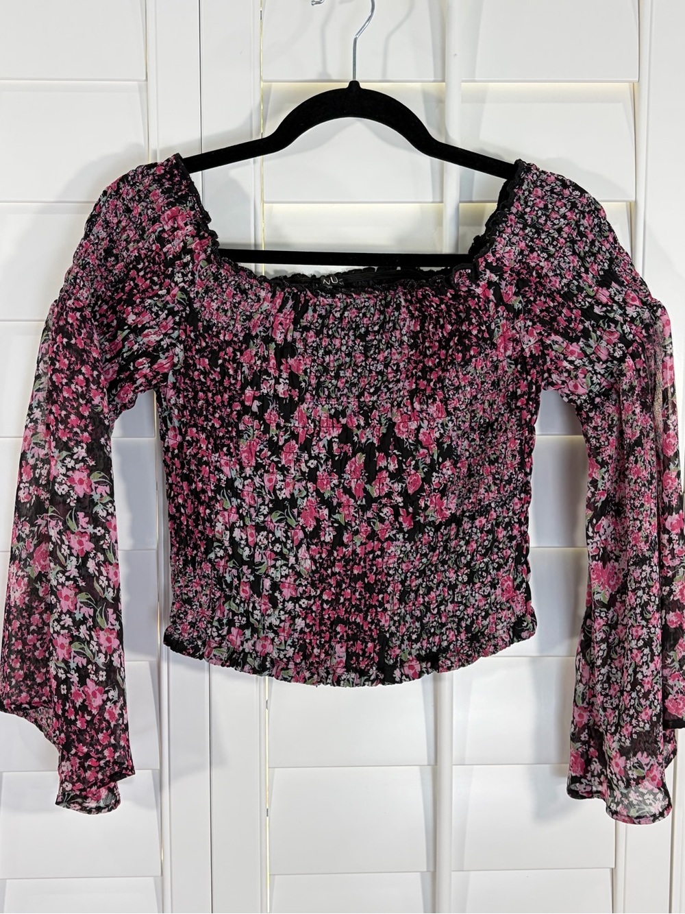 VENUS Pink/Black Floral Smocked Off-Shoulder Blouse (M)